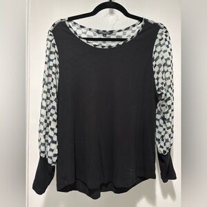 Liverpool Knit to Woven Black Top with Geometric Sleeves Large